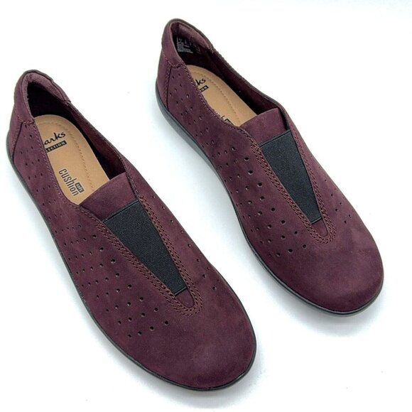 Clarks Shoes Perforated Aubergine Nubuck Leather Slip On Medora Gemma Sz 9 M - Picture 5 of 9